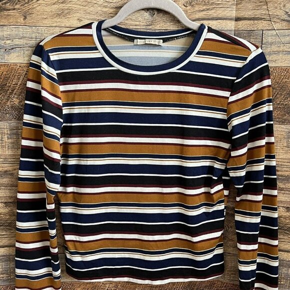 ACTIVE USA Retro crop Top shirt Sailor Striped long sleeves MEDIUM crew neck - Picture 2 of 9